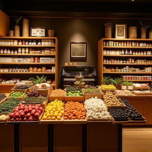 中目黒の店舗に陳列されたミネラル強化食品と新鮮な野菜