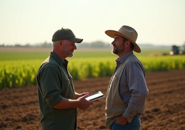 コンサルタントが農地で農家と話している様子